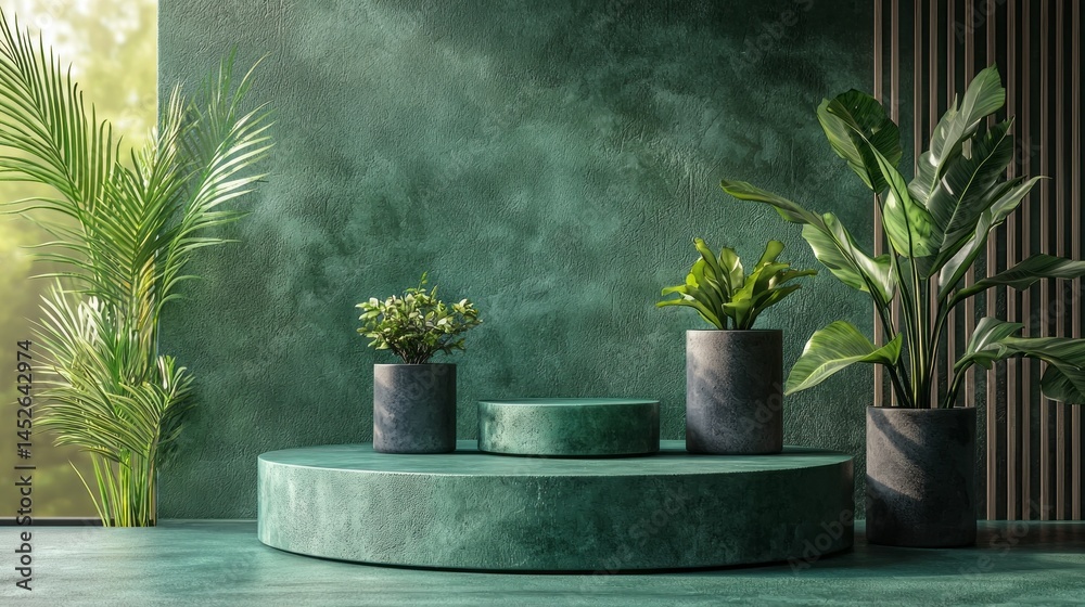 Poster a minimal podium setup showcases elegant green plants in simple pots. the background features textur