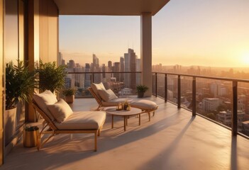 Golden hour sun bathes a modern high-rise apartment's spacious balcony and elegant interior ,  design,  real estate,  sunset