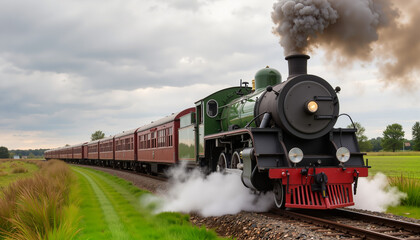 Obraz premium Vintage steam locomotive traveling through lush green countryside 