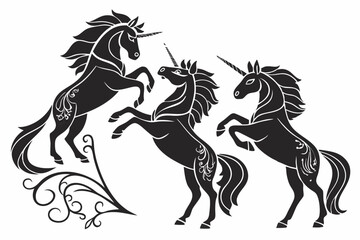 Vector set bundle of black unicorn silhouette isolated on white background
