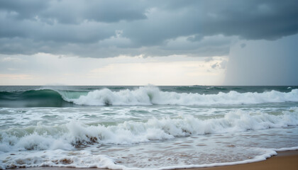 Fototapeta premium Ocean waves crashing on sandy beach under cloudy sky 