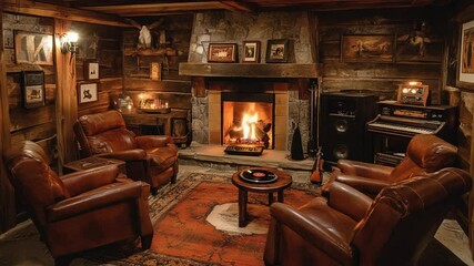 Cozy Rustic Cabin Interior with Fireplace, Leather Armchairs, and Musical Instruments
