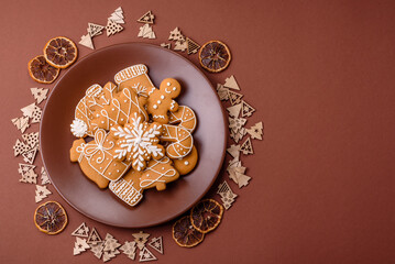 Christmas winter gingerbread, holiday biscuits on monochrome background