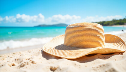 Straw hat resting on sandy beach with ocean and blue sky  