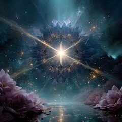Fototapeta premium Ethereal Cosmic Light Springing from a Floral Mandala in a Dreamlike Universe with Stars and Mist