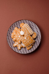Christmas winter gingerbread, holiday biscuits on monochrome background