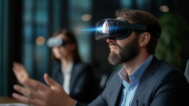 Business professionals using virtual reality headsets in a modern office setting during a meeting. - Powered by Adobe