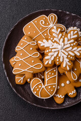 Christmas winter gingerbread, holiday biscuits on monochrome background