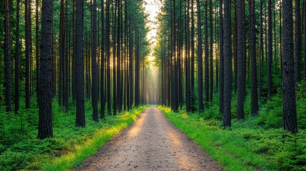 Obraz premium Serene Forest Pathway Glowing with Sunrise Through Tall Trees