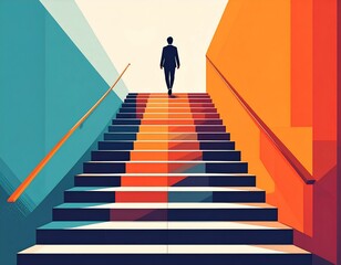 Abstract illustration of a businessman walking up colorful stairs, symbolizing career growth and success.