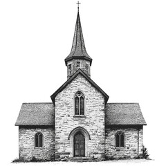 Old Engraving Style Church, Small Stone Chapel, Traditional Building in Vintage Woodcut, Black Line Drawing, Delicate Sketch of Religious Landmark, rural church illustration, retro print