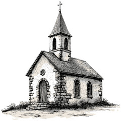 Small Chapel in Stone, Traditional Church Woodcut, Black Sketch in Vintage Style, Old Religious Architecture, Historic Building Drawing, fine line engraving, rustic church art