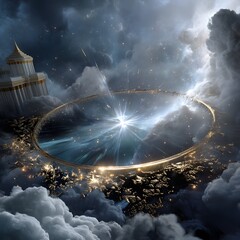 Ethereal Light Breaking Through Clouds Over Mystical Landscape with Glowing Portal