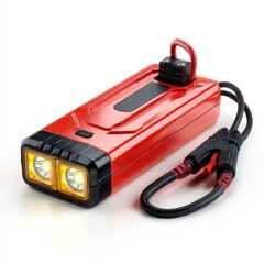 Naklejka premium A compact red portable jump starter with dual LED lights and attached jumper cables, designed for emergency car battery charging.