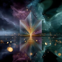 Abstract geometric shape with glowing particles and colorful light trails reflected in water surface