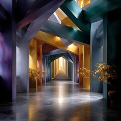 Vivid Architectural Passageway with Colorful Beams and Lighting Creating a Mystical Atmosphere
