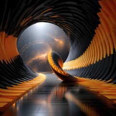 Abstract futuristic tunnel with glowing patterns leading to a cosmic light source in a dark environment
