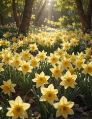 Obraz premium Dense cluster of daffodils, sunlight through petals, golden, daffodil, macro