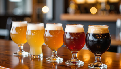 Beer glasses showcasing a variety of brews on a wooden table