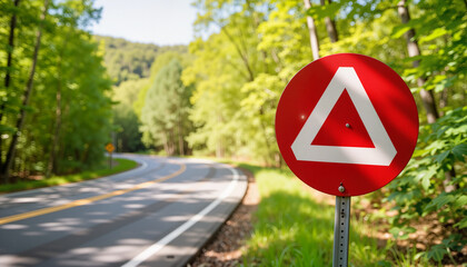 Warning sign on a curved road surrounded by green trees  