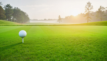 Golf ball on tee at sunrise in lush green field  