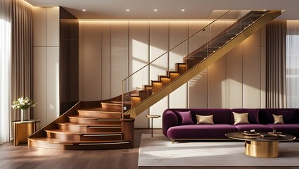 Fototapeta premium 3D Rendering of a Luxurious L-Shaped Staircase with Plum and Gold Interior Accents 
