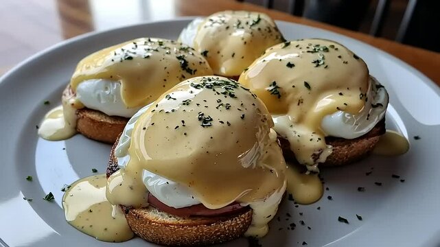 Deliciously plated eggs benedict on toasted English muffins with creamy hollandaise sauce and herbs