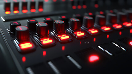 Close-up on a black audio mixing console with red glowing knobs and sliders for sound adjustment.