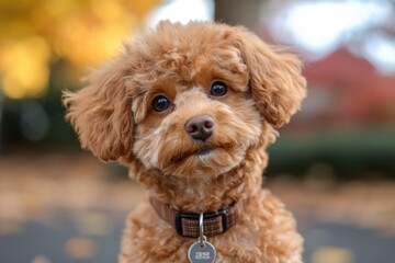 A fluffy, brown puppy with kind eyes gazes into the camera, wearing a brown collar