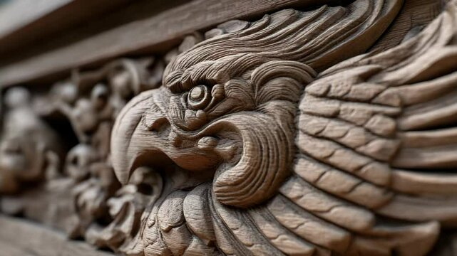 Ornate wood carving depicting a mythical creature with detailed feathers and sharp beak, part of a larger bas-relief panel.