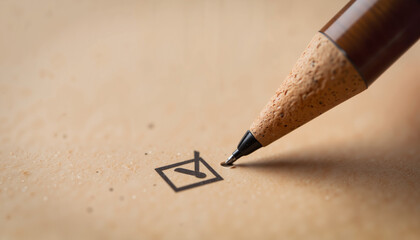 Pencil ticking off a checkbox on paper background  