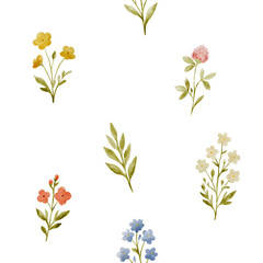 Seamless watercolor patterns of wildflowers including chamomile, forget-me-not, and cornflower, hand-painted botanical design