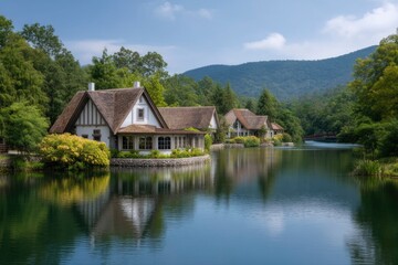 Fototapeta premium House on Lake Surrounded by Trees with Mountain Backdrop
