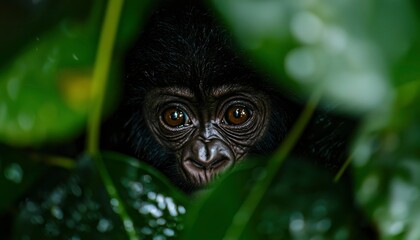 Obraz premium A monkey peeks through leaves, its bright eyes searching. Wet, green plants frame the gaze