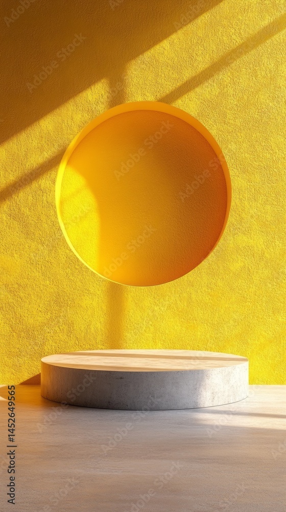 Poster vivid yellow wall serves as a backdrop, featuring a circular structure floating above a concrete pla