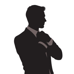 Man adjusting tie, silhouette profile, dark tones, for business presentations
