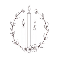 Three candles with floral wreath, line art, monochrome, for meditation, wellness
