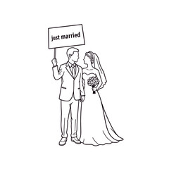 Newlywed couple holding Just Married sign, black and white illustration for wedding invitations