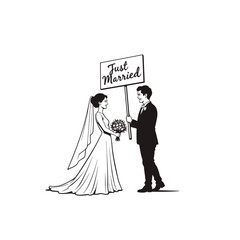 Newlywed couple holding Just Married sign, black and white illustration, for wedding invitations