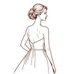 Woman in gown, profile view, line art, brown tones, for wedding invitations