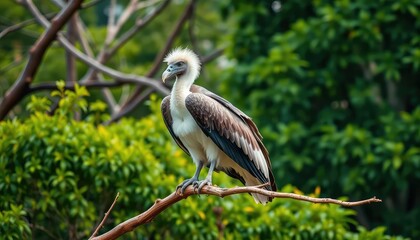 Majestic white-headed vulture perched on a branch in a lush bird sanctuary, powerful, foliage