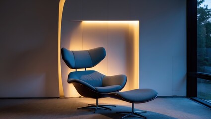 Modern ergonomic lounge chair in a softly lit interior setting, emphasizing calmness and comfort
