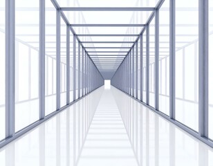 Obraz premium Futuristic white glass corridor with symmetrical metal framework and bright natural light. Minimalist architecture with a clean, modern, and endless perspective.