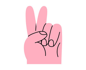 Hand drawn cute cartoon illustration of victory human hands gesture. Flat vector V arm sign doodle. Win or peace sticker. Success congratulation icon. Greeting interaction. Isolated.