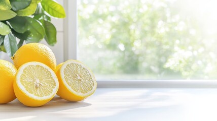 Fresh lemons on a table with a bright window background.