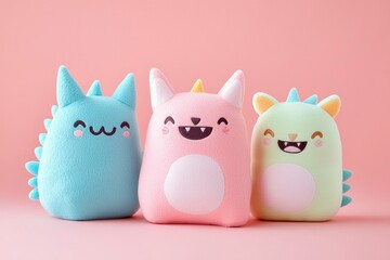 Three adorable cartoon monsters with smiles stand against a soft pink background