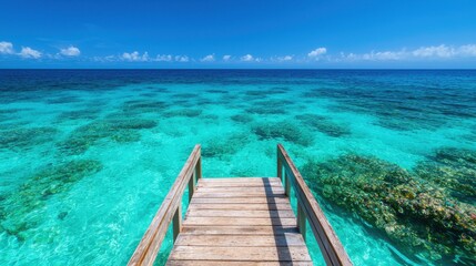 Fototapeta premium Serene Wooden Pier Over Clear Turquoise Water Under Blue Sky