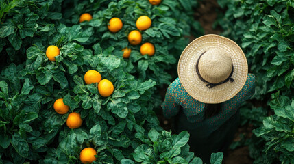 bird's eye view of a farmer in colorful clothing working in agriculture field