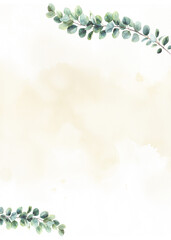 Green Eucalyptus Sprig Leaves against a subtle Yellow Watercolor Wash Background, Wedding Party Invitation Event Art