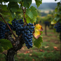 Naklejka premium Vibrant Close-Up of Ripe Dark Purple Grapes Hanging on Old Vine in Lush Vineyard During Late Summer Harvest Season with Natural Green and Yellow Foliage